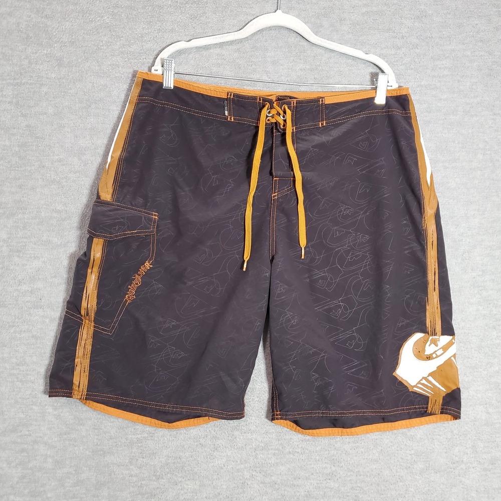 Quiksilver Men Swimwear 38 Black‎ Boardshorts Cargo Sruf Beach Y2K Logo Allover